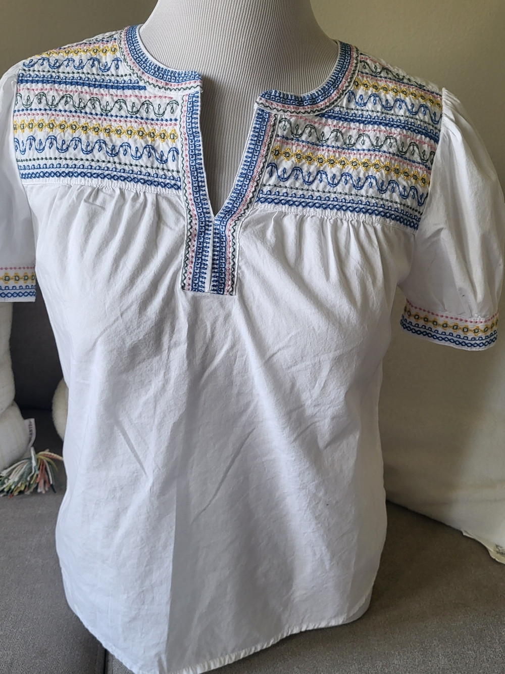 St. John's Bay 100 % Cotton White Puff Peasant Henley Blouse w/ Some Embroidery